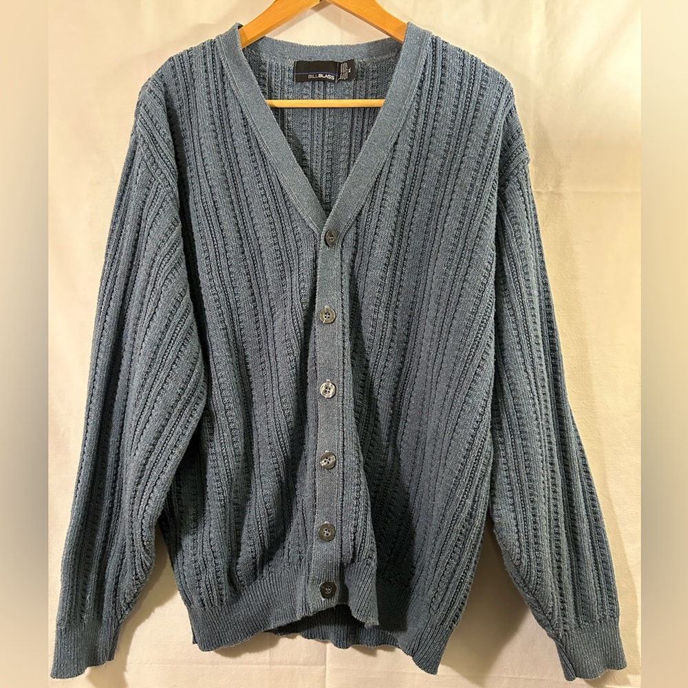 Bill Blass Cotton Blend Cable Knit Blue Cardigan Sweater Size XL